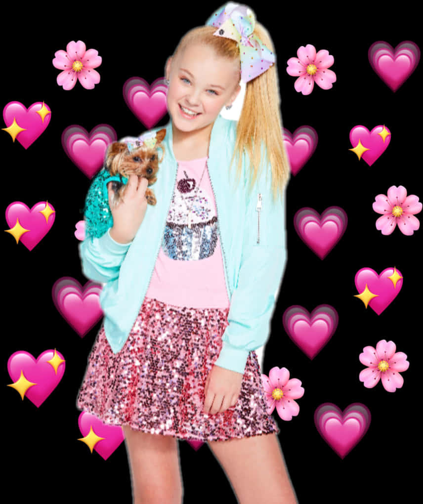 Jojo_ Siwa_ Holding_ Puppy_ Surrounded_by_ Hearts_and_ Flowers PNG Image