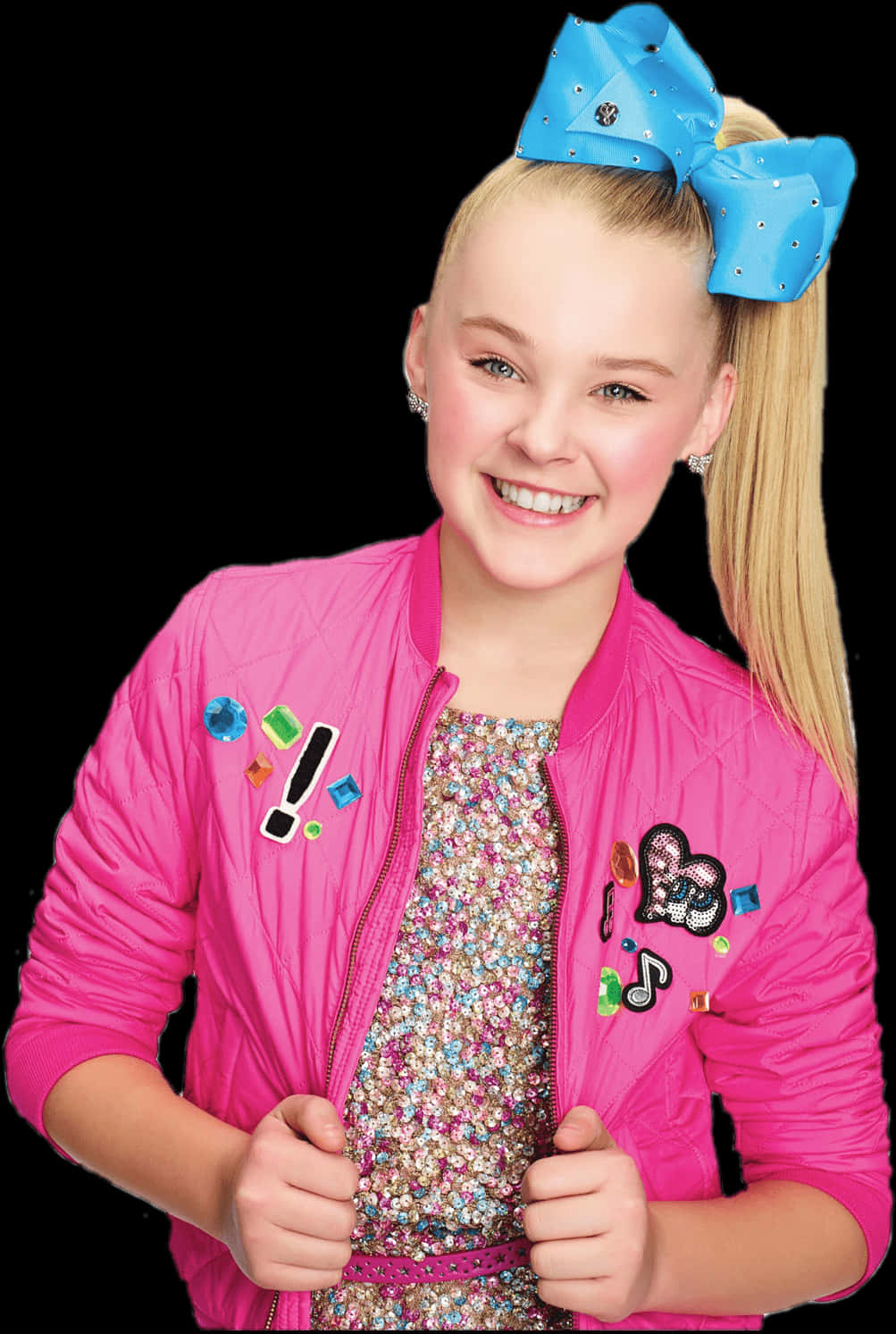 Jojo Siwa Smilingin Pink Jacketand Blue Bow PNG Image