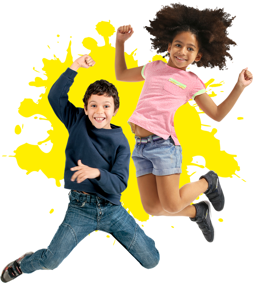 Joyful Kids Jumping Against Yellow Splash Background PNG Image