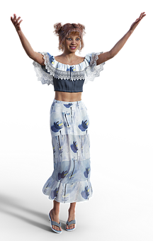 Joyful Woman Raising Arms Fashion Outfit PNG Image