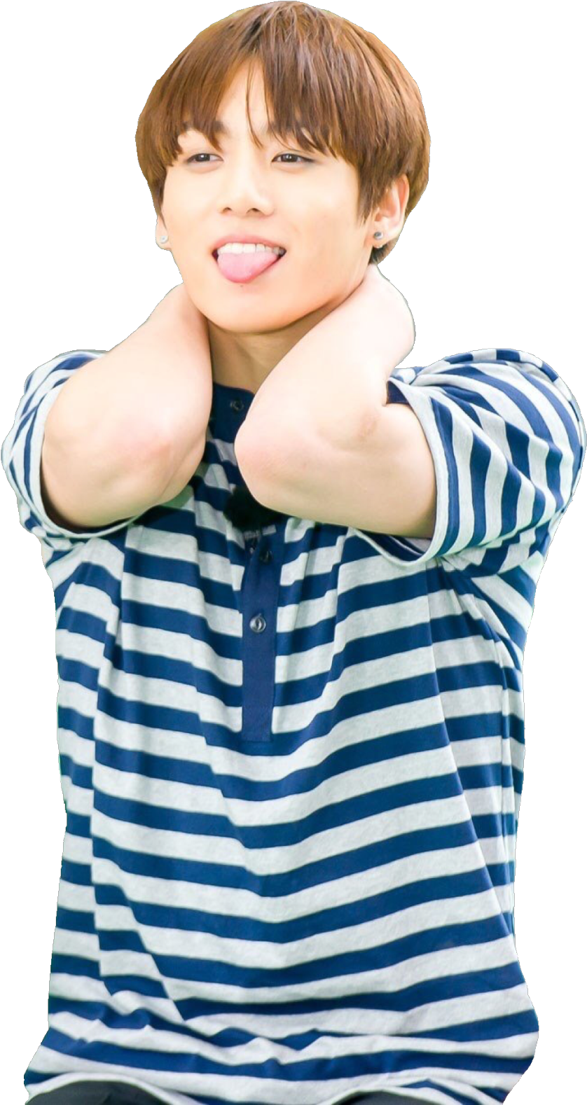 Jungkook Playful Pose Striped Shirt PNG Image