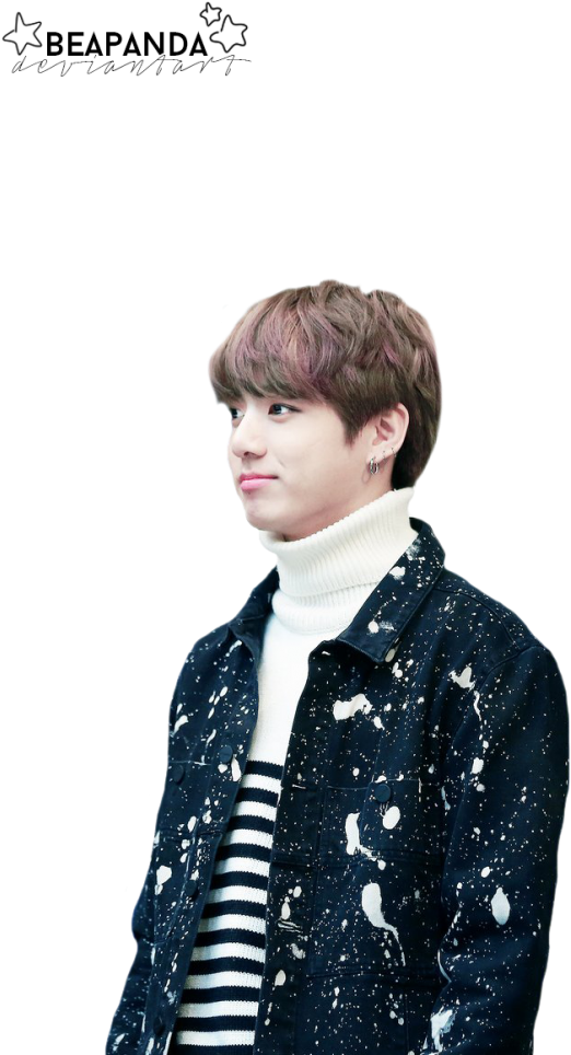 Jungkookin Striped Sweaterand Denim Jacket PNG Image