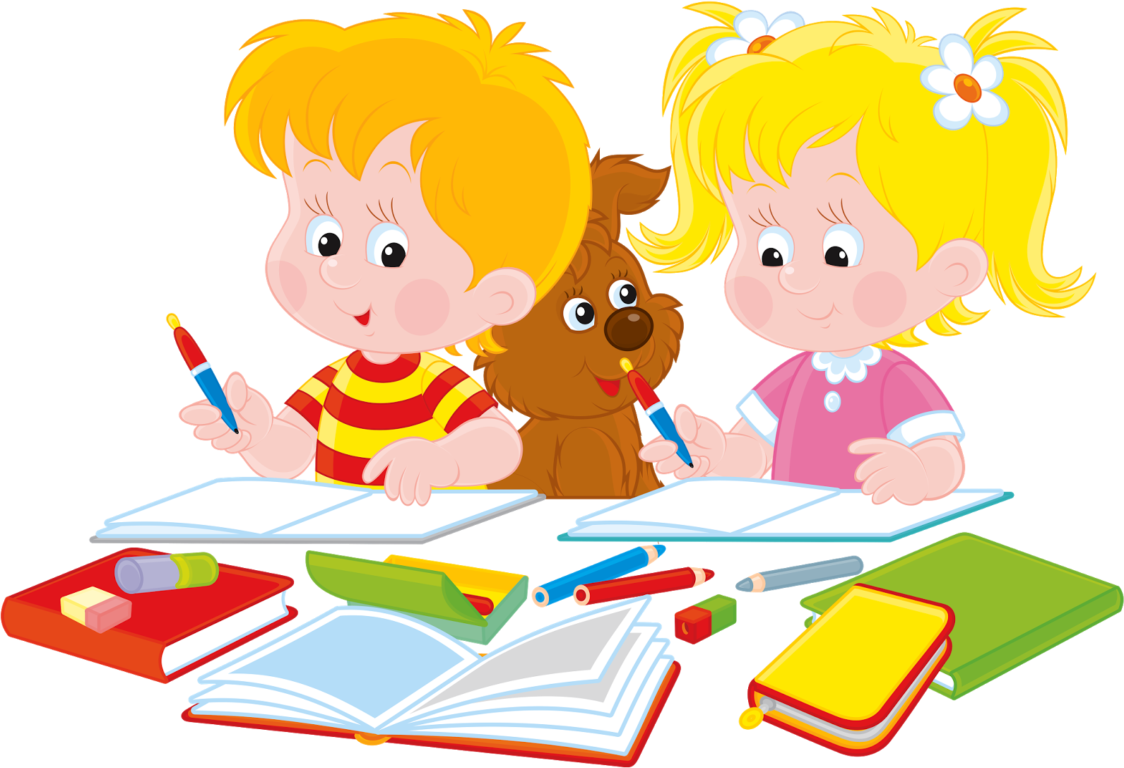 Kids Studying With Pet Dog PNG Image