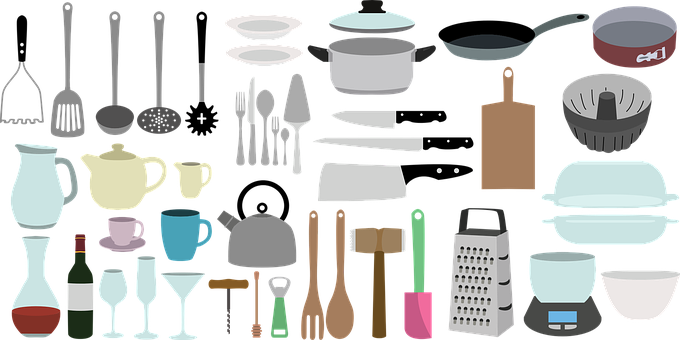 Kitchen Utensilsand Cookware Flat Design PNG Image