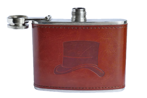 Leather Hip Flask With Top Hat Embossing PNG Image