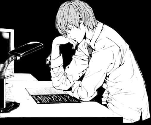 Light Yagami Contemplatingat Desk PNG Image