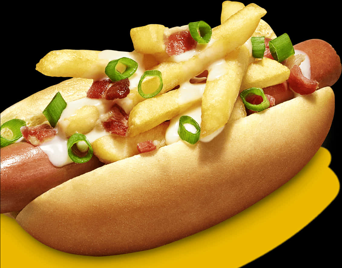 Loaded Gourmet Hot Dogwith Friesand Bacon PNG Image