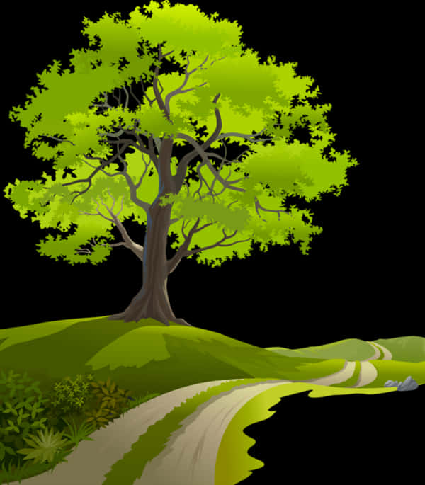 Lone_ Tree_ Nighttime_ Illustration PNG Image