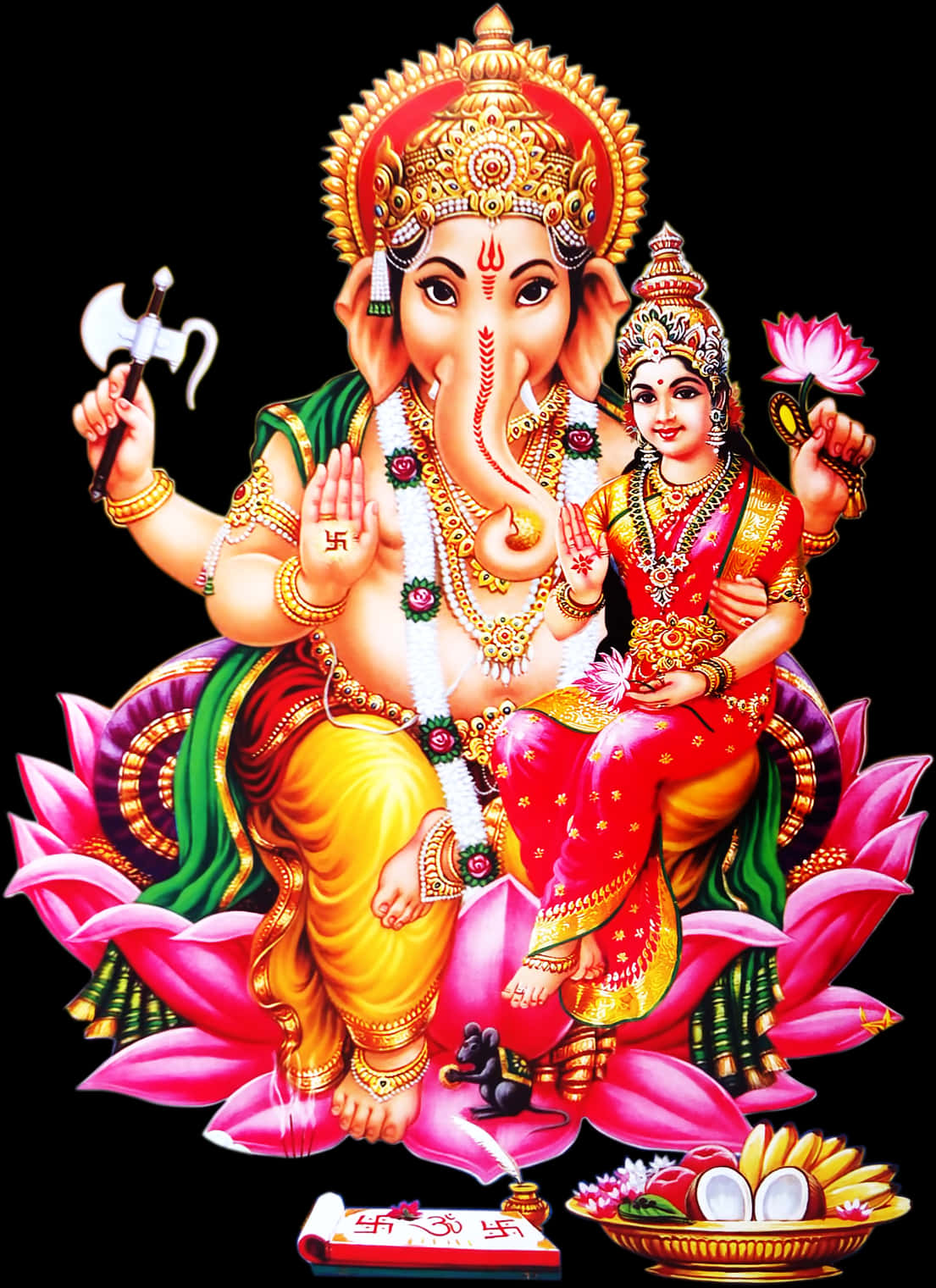 Lord Ganeshaand Goddess Lakshmion Lotus PNG Image