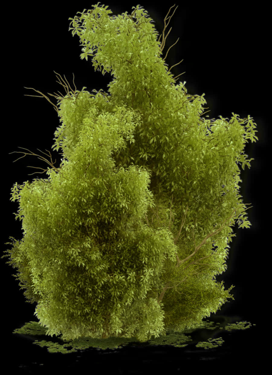 Lush Green Mossy Tree Black Background PNG Image