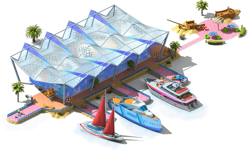 Luxury Yacht Near Futuristic Resort.png PNG Image