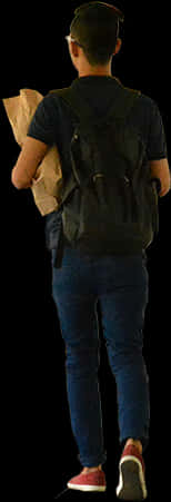 Man Carrying Groceries With Backpack PNG Image