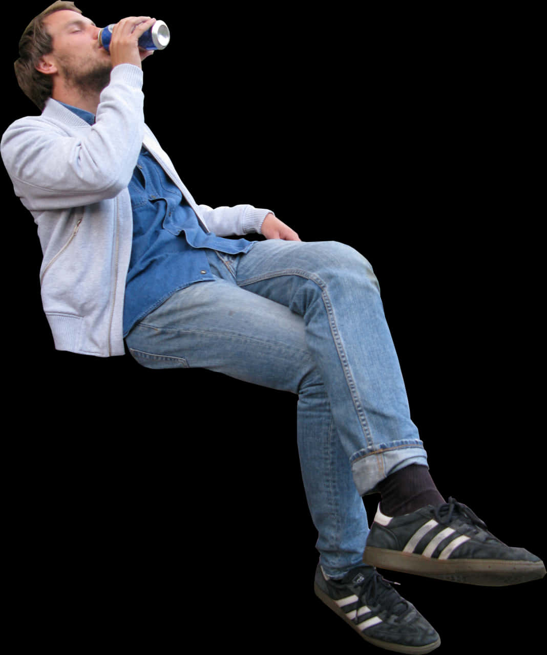 Man Drinking Beverage While Sitting Invisible Chair PNG Image