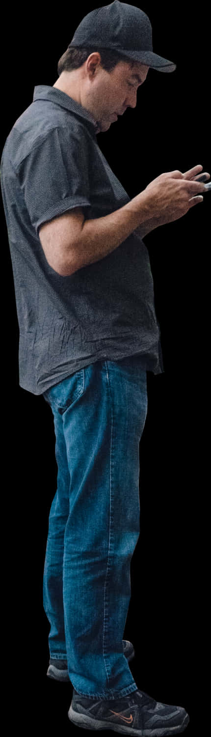 Man Using Smartphone Standing Side View PNG Image