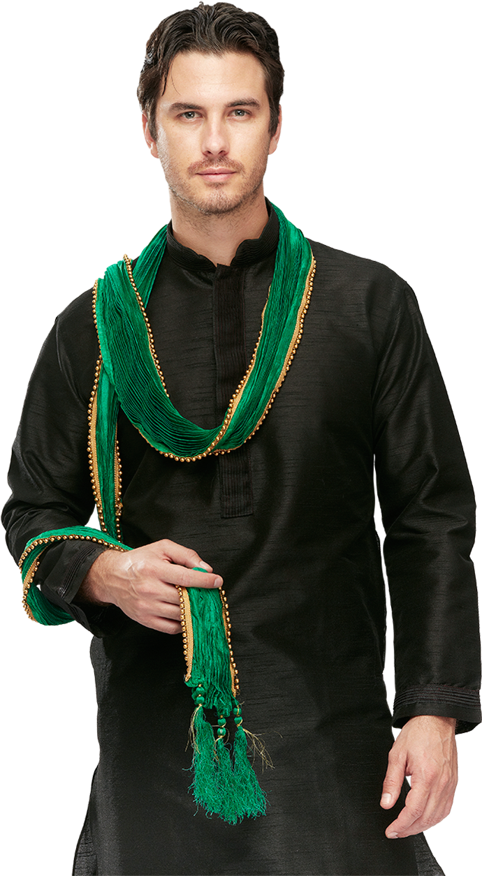 Manin Black Kurtawith Green Dupatta PNG Image