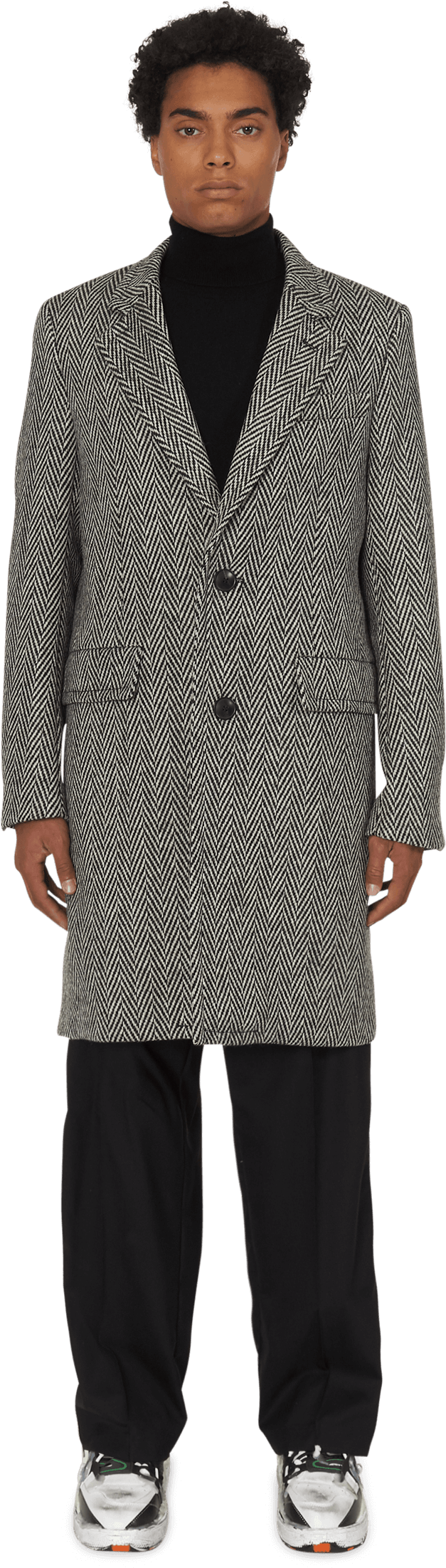 Manin Herringbone Coatand Black Turtleneck PNG Image