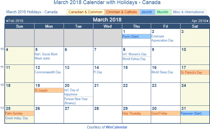 March2018 Canada Holiday Calendar PNG Image