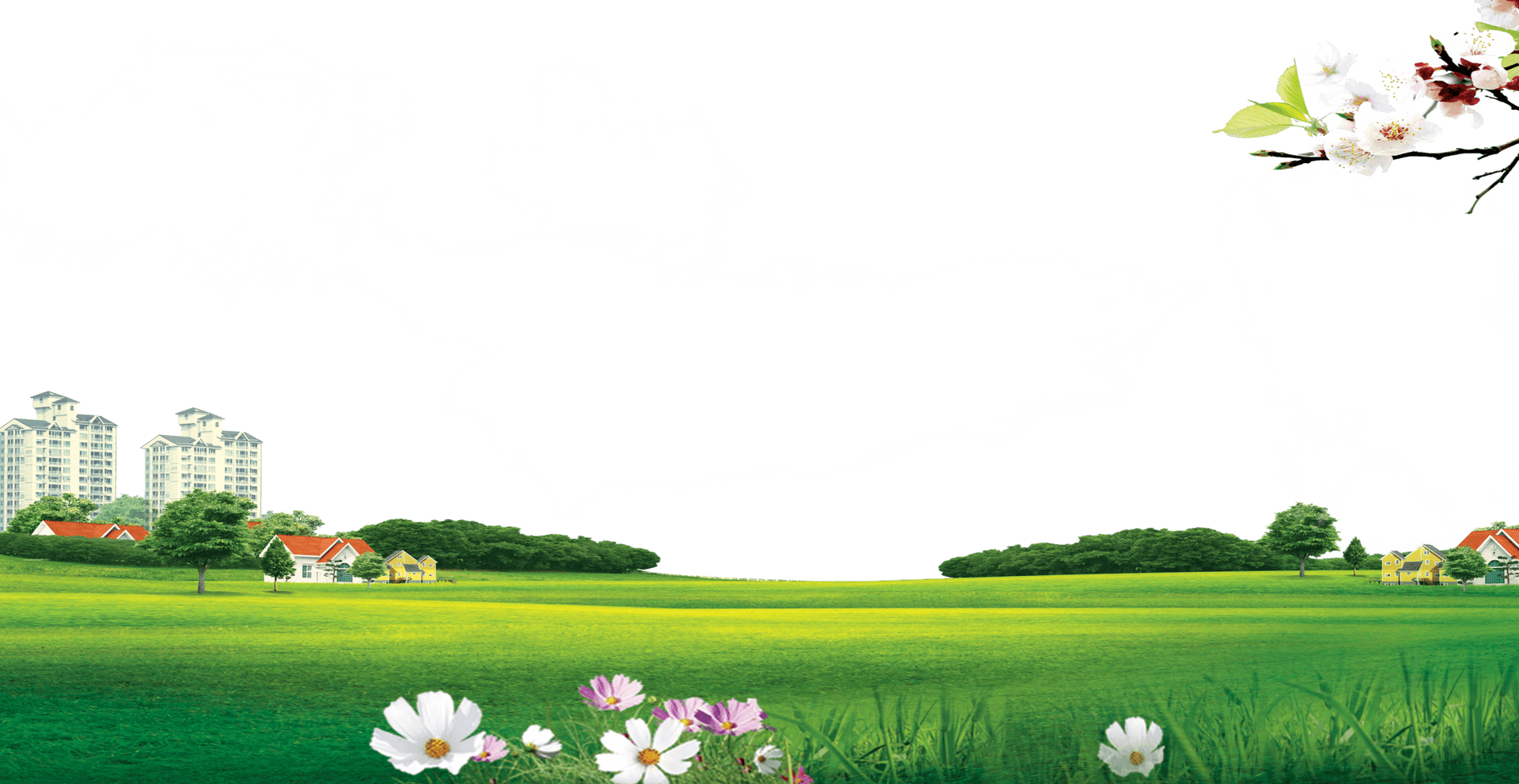 Meadow Landscape With Flowers And Buildings PNG Image