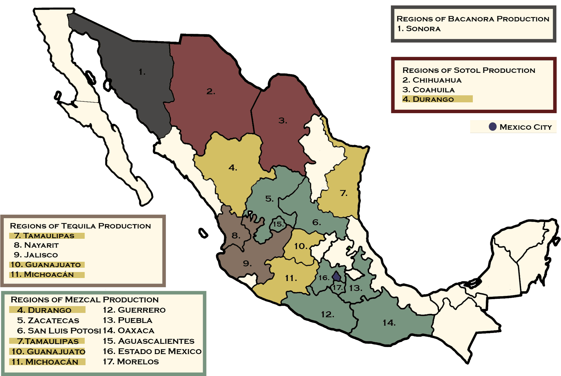 Mexican Spirits Production Regions Map PNG Image