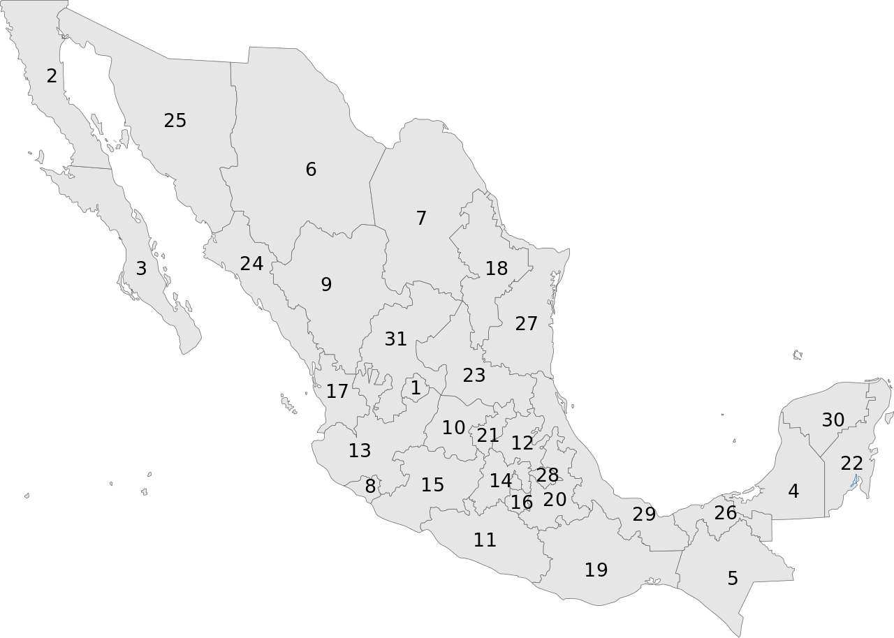 Mexico Numbered Regions Map PNG Image