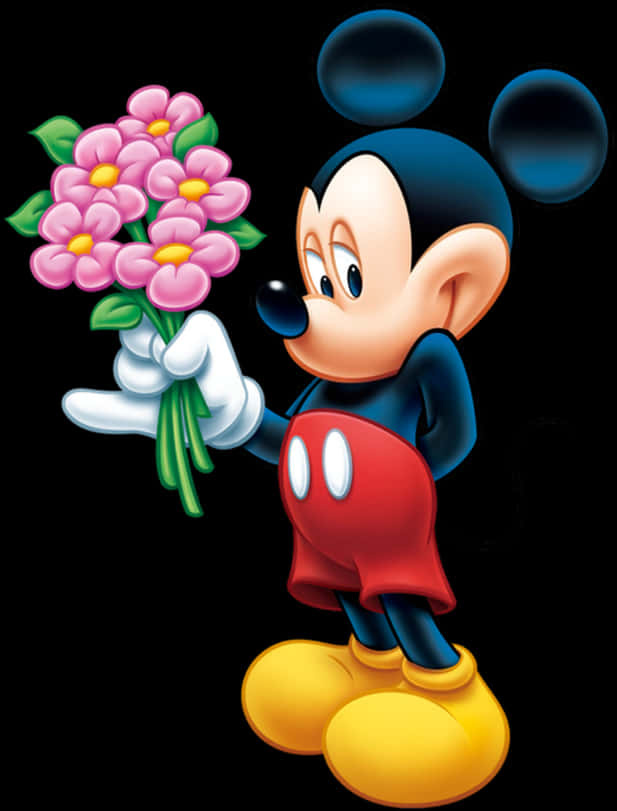 Mickey Mouse Holding Flowers PNG Image