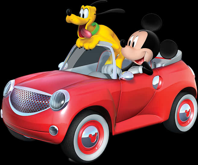 Mickeyand Pluto Driving Red Car PNG Image