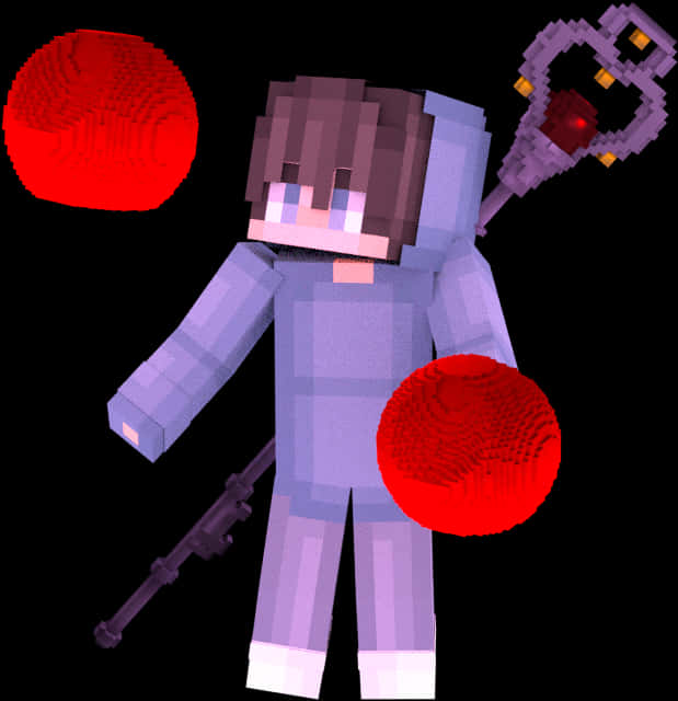 Minecraft Character With Staffand Orbs PNG Image