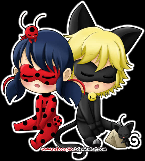 Miraculous Ladybugand Cat Noir Chibi Fanart PNG Image