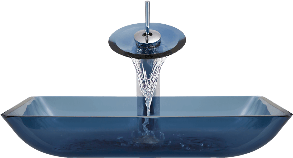 Modern Blue Glass Sink With Water Flowing PNG Image