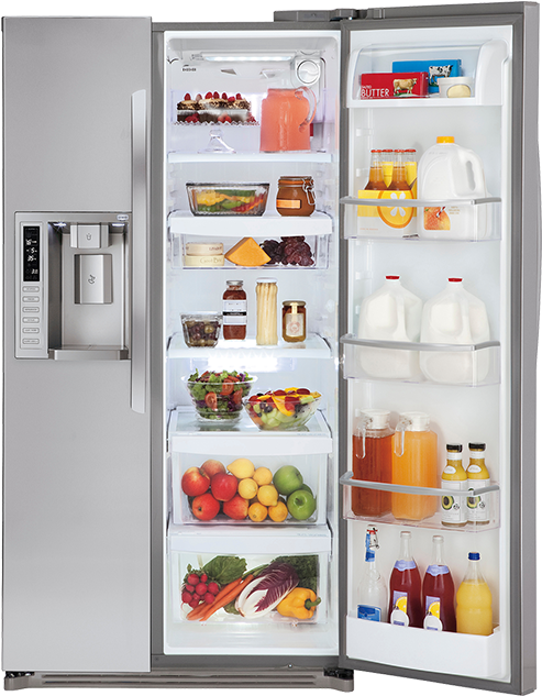 Modern Stainless Steel Refrigerator Fullof Food PNG Image