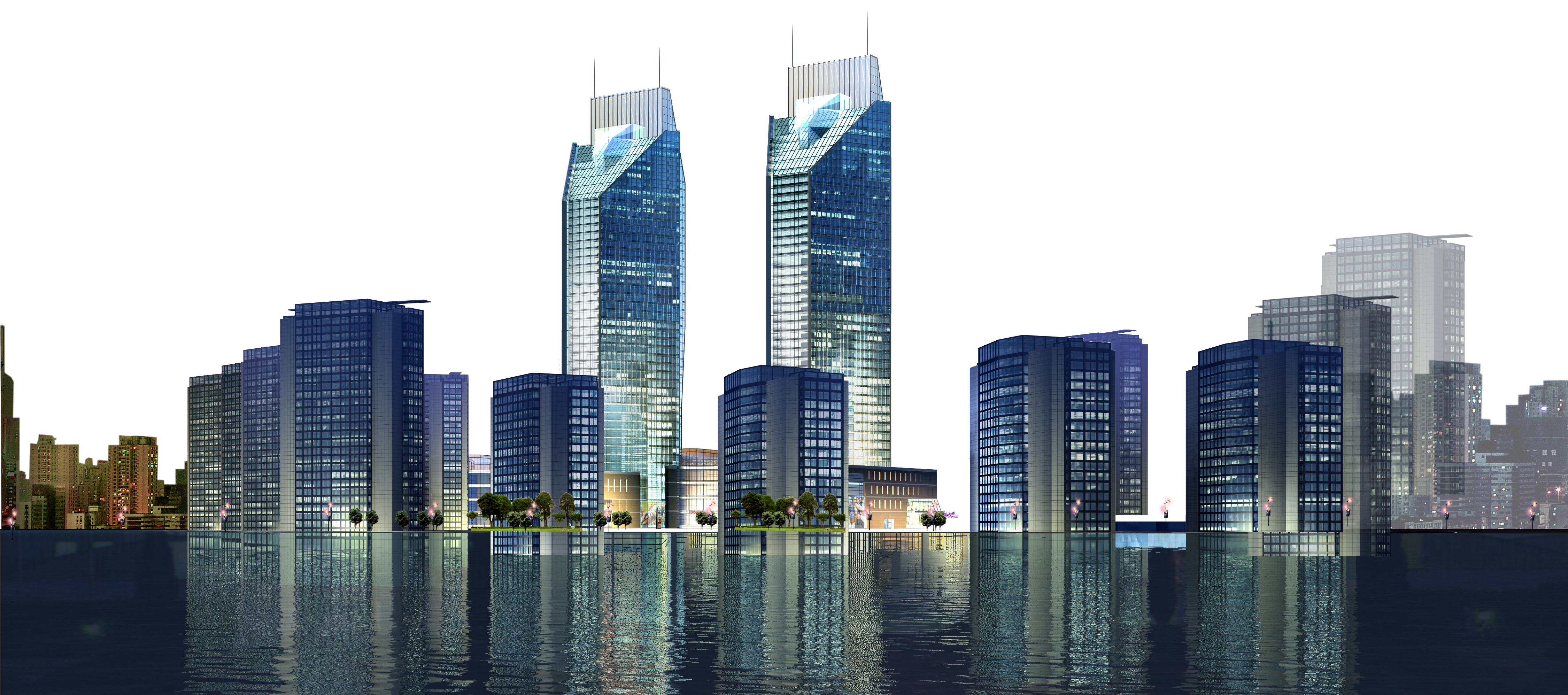 Modern Waterfront Skyscrapers Night View PNG Image