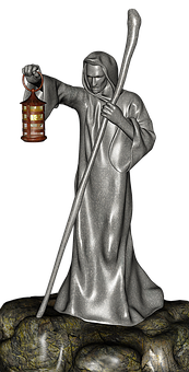 Monk_ Statue_with_ Lantern_and_ Staff PNG Image