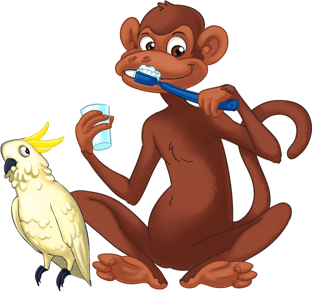 Monkey Brushing Teeth With Cockatoo PNG Image