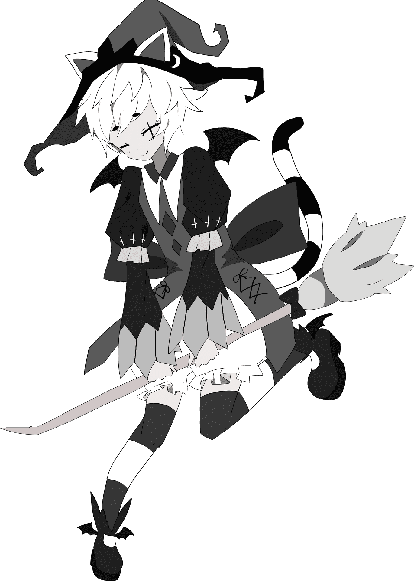 Monochrome Anime Wizard Cat Character PNG Image