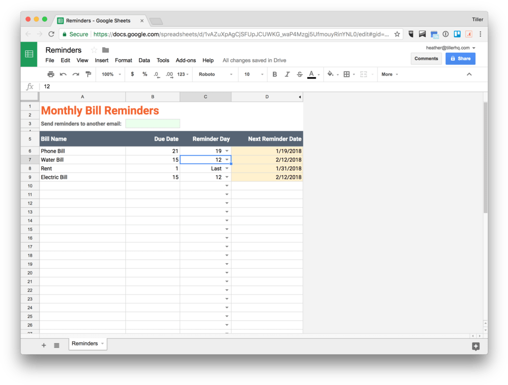 Monthly Bill Reminders Spreadsheet PNG Image