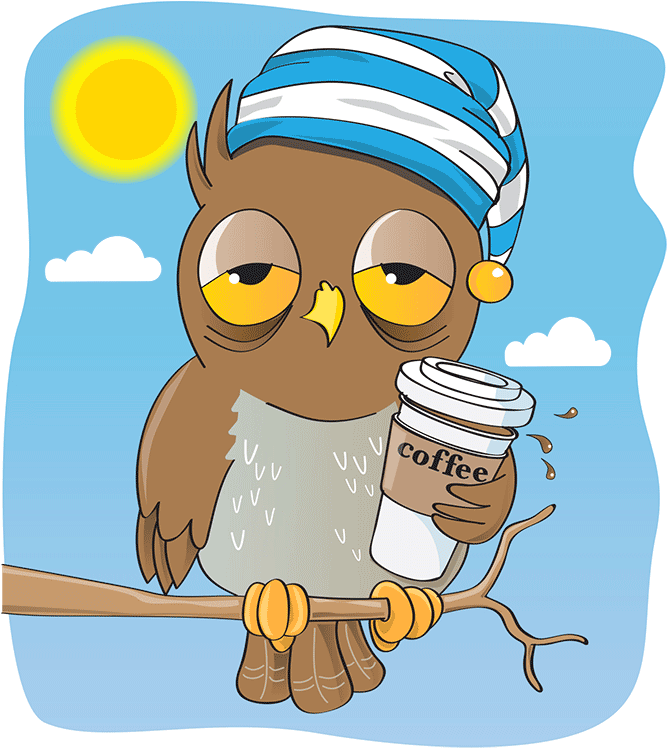 Morning Coffee Owl Cartoon PNG Image