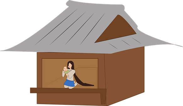 Mother Child Hut Illustration PNG Image