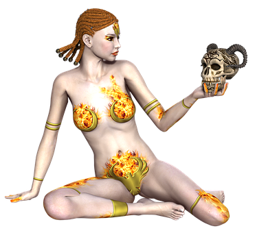 Mystical_ Fire_ Goddess_ Holding_ Skull PNG Image