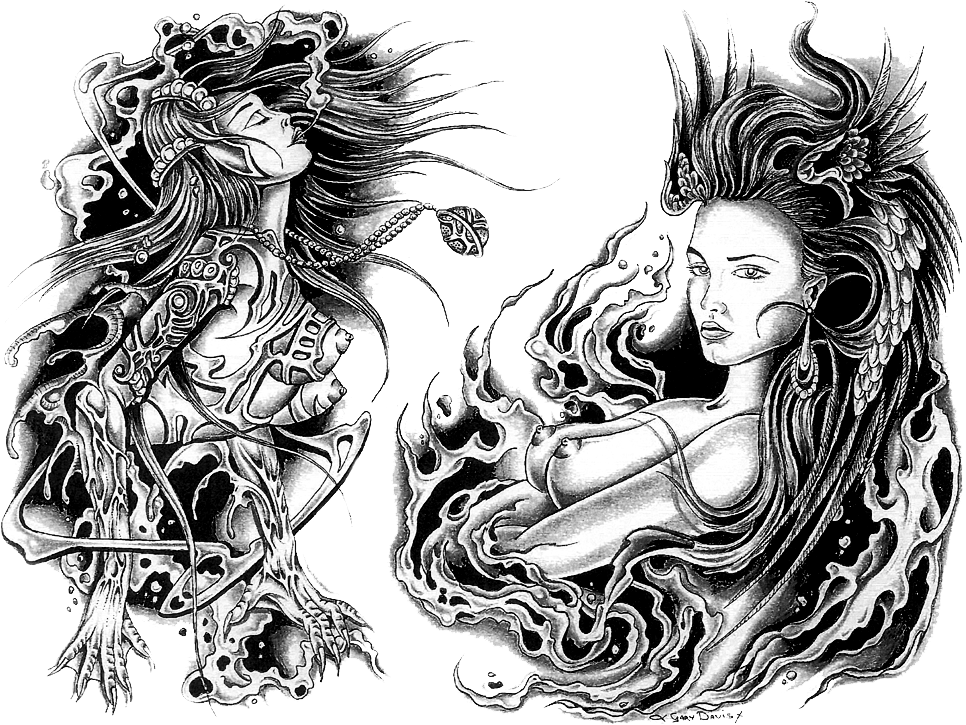 Mystical Women Fireand Water Tattoo Design PNG Image