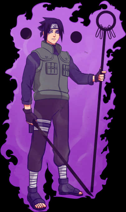 Ninjawith Staffand Purple Aura PNG Image