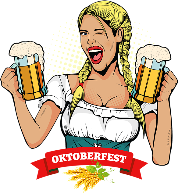 Oktoberfest Celebration Cartoon Woman Holding Beers PNG Image