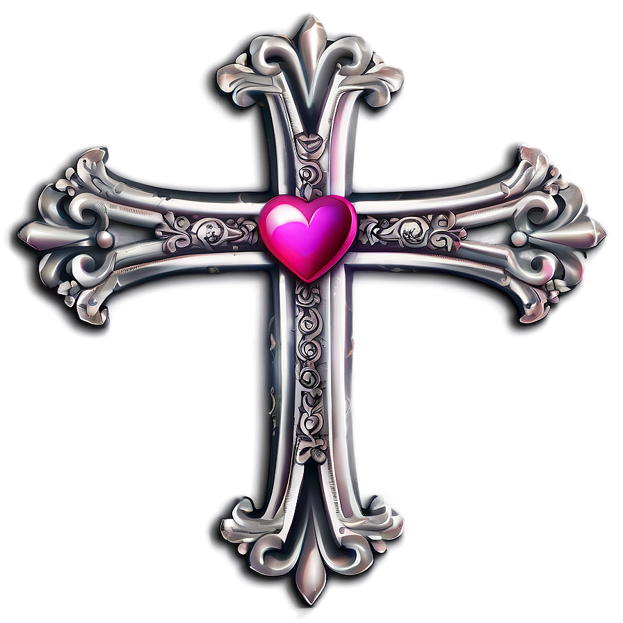 Ornate Chrome Heart Cross Graphic Png 32 PNG Image