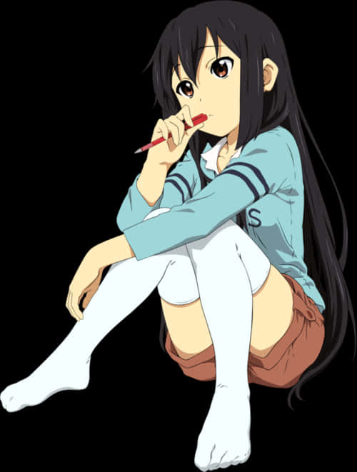 Pensive Anime Girl Sitting PNG Image