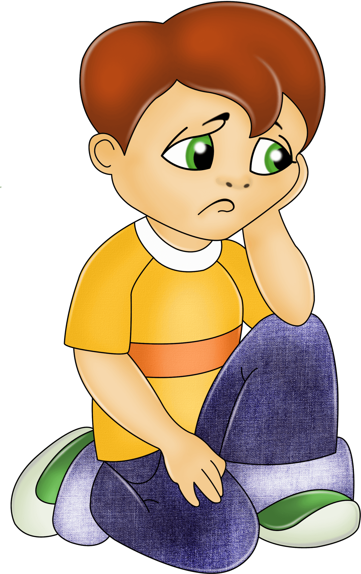 Pensive Cartoon Boy Sitting PNG Image