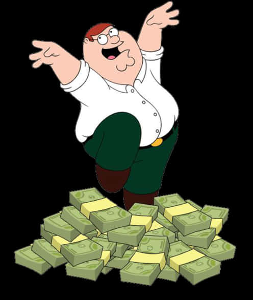 Peter Griffin Celebratingon Money Piles PNG Image