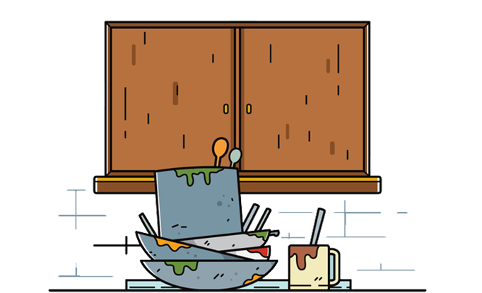 Piled Dishes Cartoon Kitchen Scene PNG Image