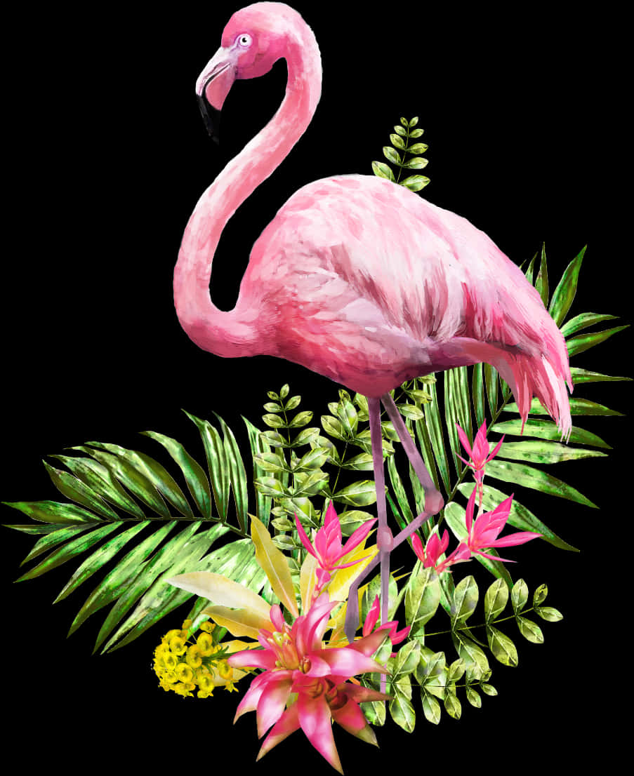 Pink Flamingo Tropical Foliage PNG Image