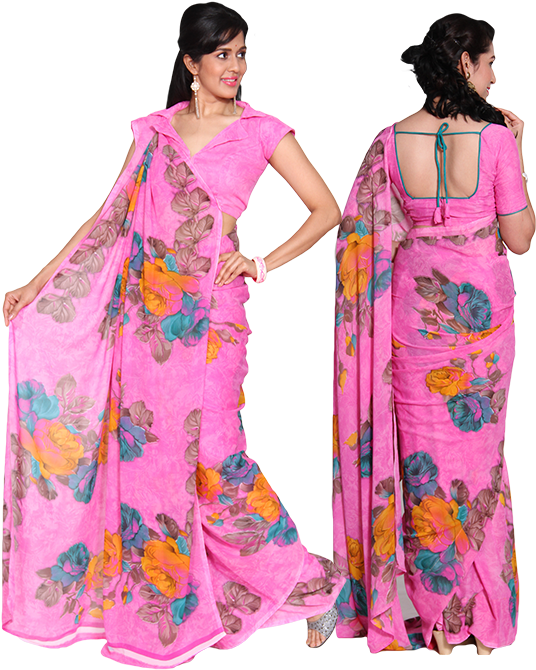 Pink Floral Saree Model Pose PNG Image