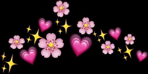 Pink_ Flowers_ Hearts_ Stars_ Black_ Background PNG Image