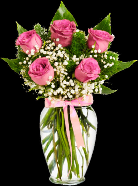 Pink Roses Bouquet Glass Vase PNG Image